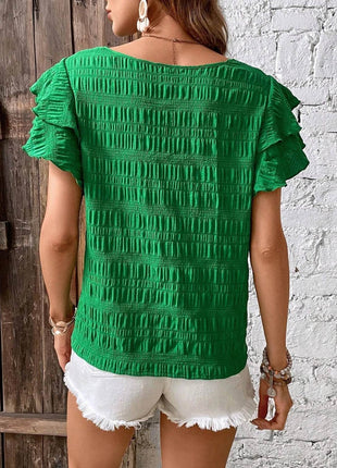 Round Neck Flounce Sleeve Blouse - MimiStylez