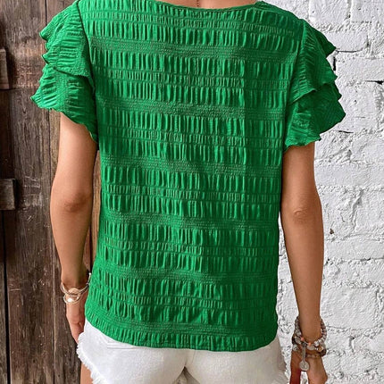 Round Neck Flounce Sleeve Blouse - MimiStylez