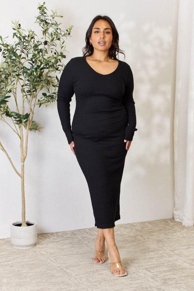 Culture Code Full Size Ribbed Long Sleeve Midi Slit Dress - MimiStylez