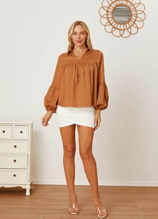 Balloon Sleeve Collared Neck Blouse - MimiStylez