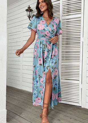 Floral Tie-Waist Slit Surplice Maxi Dress - MimiStylez