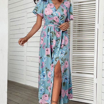 Floral Tie-Waist Slit Surplice Maxi Dress - MimiStylez