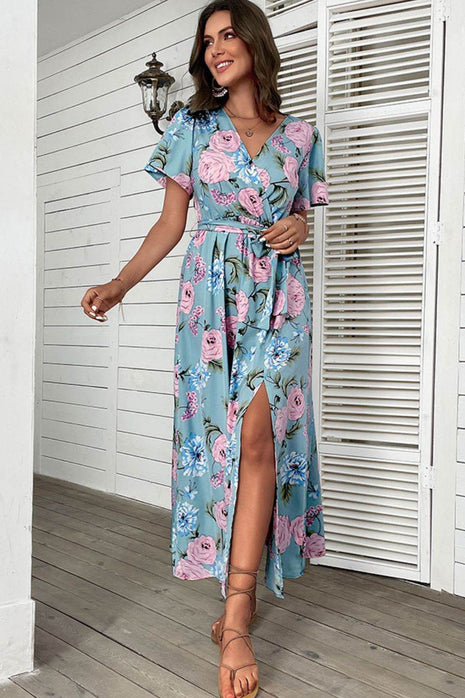 Floral Tie-Waist Slit Surplice Maxi Dress - MimiStylez