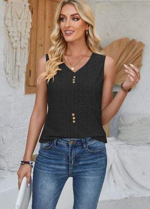 Eyelet Decorative Button V-Neck Tank - MimiStylez