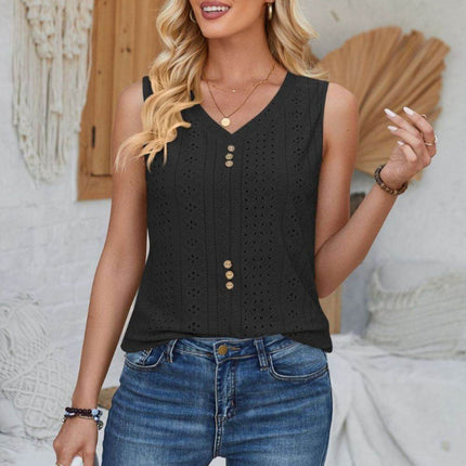Eyelet Decorative Button V-Neck Tank - MimiStylez