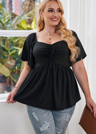 Plus Size Drawstring Sweetheart Neck Babydoll Blouse - MimiStylez