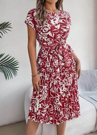 Tied Pleated Printed Short Sleeve Dress - MimiStylez