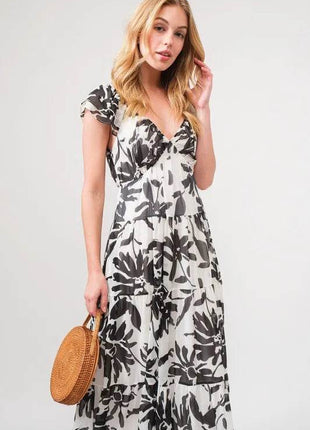 And The Why Ruffled Sleeve Tiered Floral Print Maxi Dress - MimiStylez