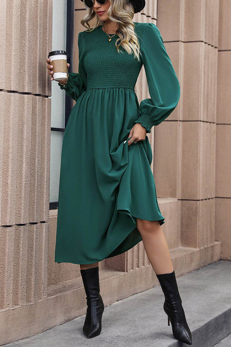 Smocked Long Sleeve Midi Dress - MimiStylez