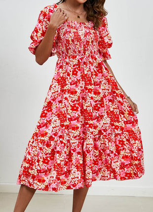 Smocked Floral Square Neck Short Sleeve Dress - MimiStylez