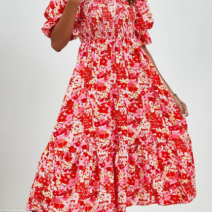 Smocked Floral Square Neck Short Sleeve Dress - MimiStylez