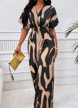 Printed V-Neck Short Sleeve Wide Leg Jumpsuit - MimiStylez