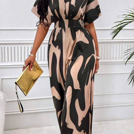 Printed V-Neck Short Sleeve Wide Leg Jumpsuit - MimiStylez