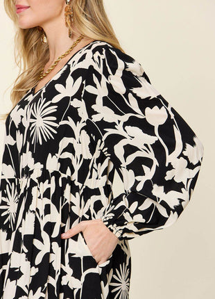 Double Take Full Size Printed Ruffle Hem Dress with Pocket - MimiStylez