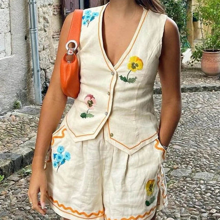 Embroidered V-Neck Vest and Shorts Set - MimiStylez