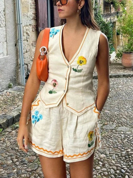 Embroidered V-Neck Vest and Shorts Set - MimiStylez