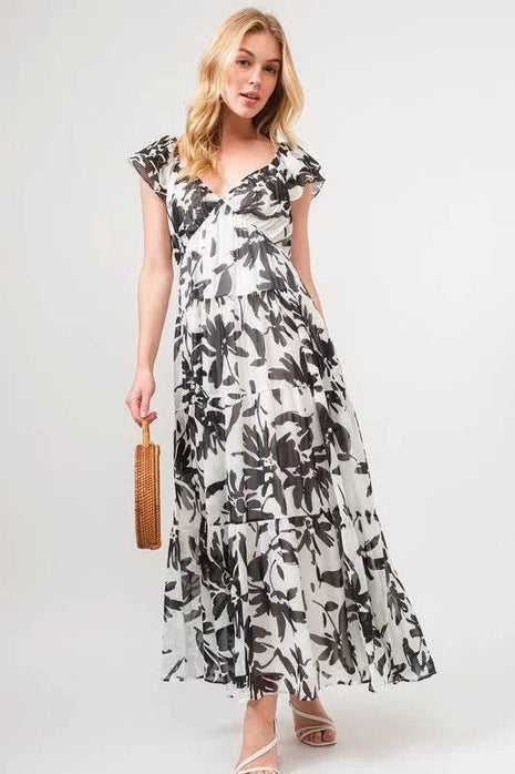 And The Why Ruffled Sleeve Tiered Floral Print Maxi Dress - MimiStylez