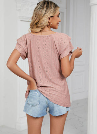 Eyelet Layered Flutter Sleeve V-Neck Knit Top - MimiStylez