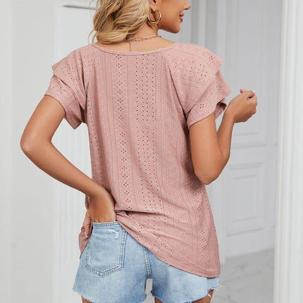 Eyelet Layered Flutter Sleeve V-Neck Knit Top - MimiStylez