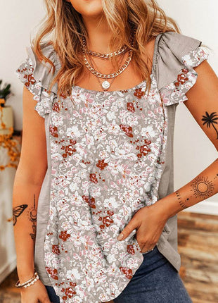 Ruffled Floral Square Neck Cap Sleeve Blouse - MimiStylez