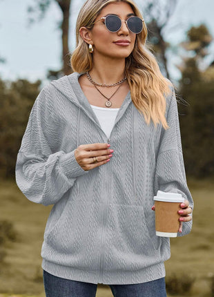 Drawstring Zip Up Dropped Shoulder Hoodie - MimiStylez