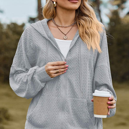 Drawstring Zip Up Dropped Shoulder Hoodie - MimiStylez