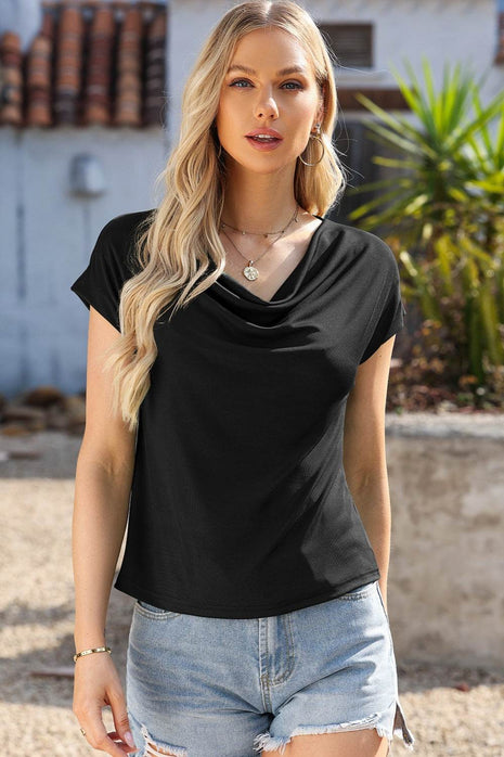 Cowl Neck Short Sleeve T-Shirt - MimiStylez