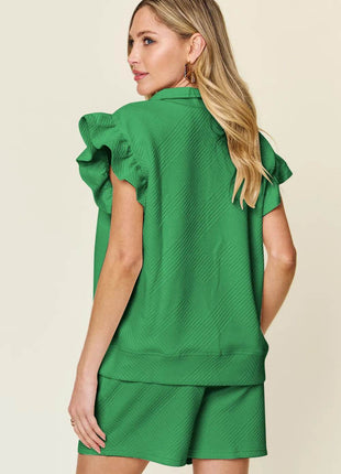 Double Take Full Size Texture Flounce Sleeve Top and Drawstring Shorts Set - MimiStylez