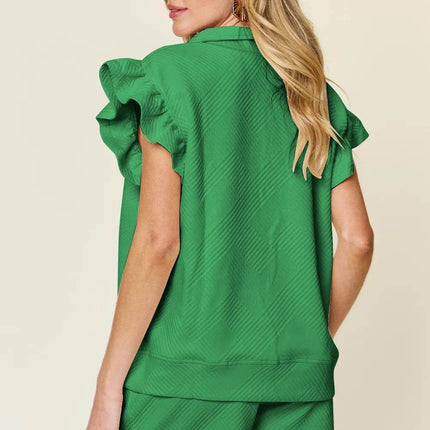 Double Take Full Size Texture Flounce Sleeve Top and Drawstring Shorts Set - MimiStylez