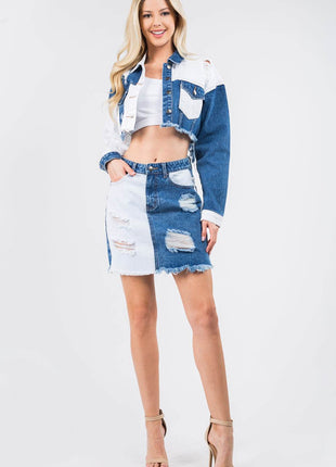 American Bazi Contrast Patched Frayed Denim Distressed Skirts - MimiStylez