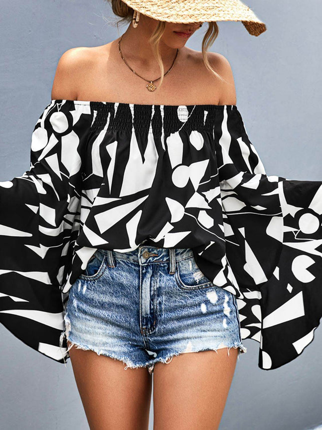 Printed Off-Shoulder Bell Sleeve Blouse - MimiStylez