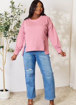 Culture Code Full Size Round Neck Exposed Seam Slit Top - MimiStylez