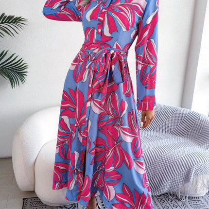 Tied Button Up Long Sleeve Dress - MimiStylez