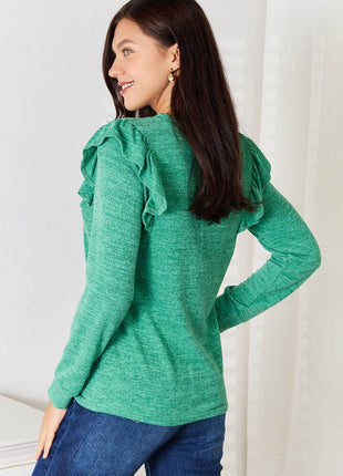 Double Take Ruffle Shoulder Long Sleeve T-Shirt - MimiStylez