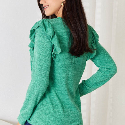 Double Take Ruffle Shoulder Long Sleeve T-Shirt - MimiStylez