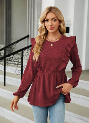 Round Neck Ruffled Peplum Blouse - MimiStylez