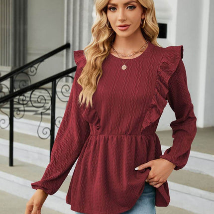 Round Neck Ruffled Peplum Blouse - MimiStylez
