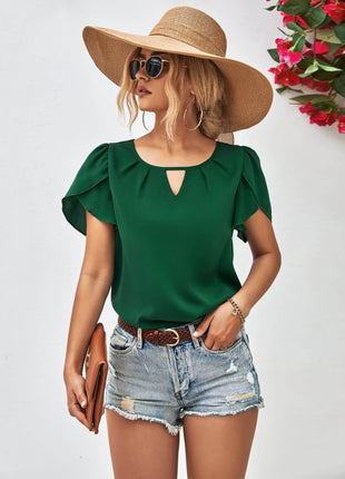 Cutout Round Neck Petal Sleeve Blouse - MimiStylez