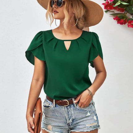 Cutout Round Neck Petal Sleeve Blouse - MimiStylez