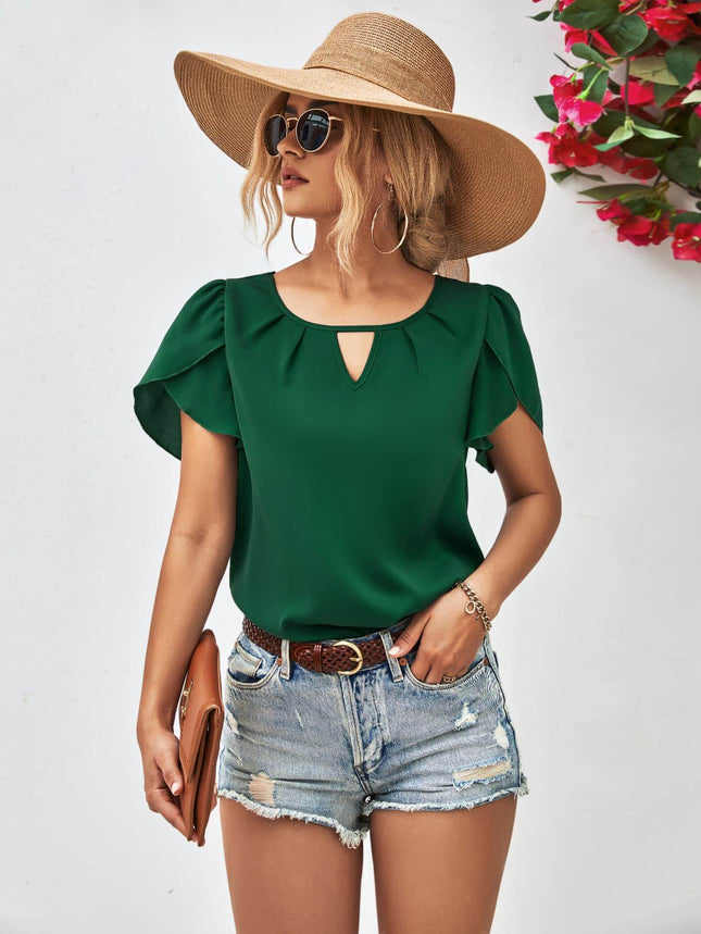 Cutout Round Neck Petal Sleeve Blouse - MimiStylez