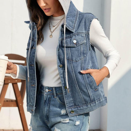 Pocketed Button Up Hooded Denim Jacket - MimiStylez