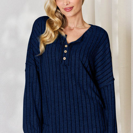 Basic Bae Full Size Ribbed Half Button Long Sleeve T-Shirt - MimiStylez
