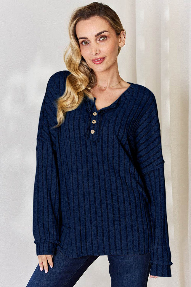Basic Bae Full Size Ribbed Half Button Long Sleeve T-Shirt - MimiStylez