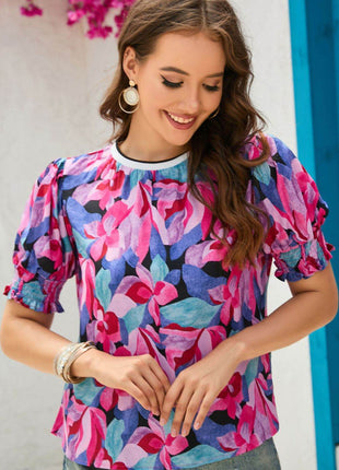 Floral Round Neck Puff Sleeve Top - MimiStylez