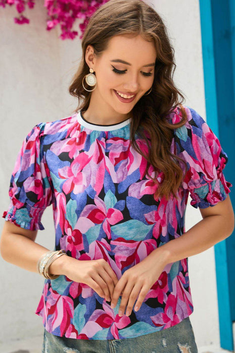 Floral Round Neck Puff Sleeve Top - MimiStylez