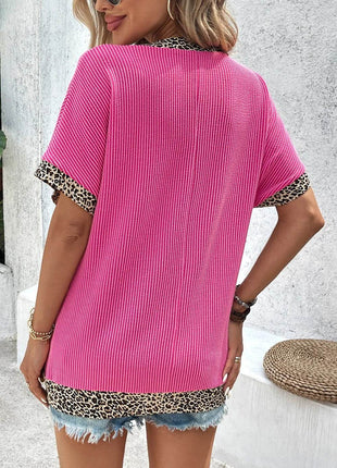 V-Neck Leopard Trim Ribbed Blouse - MimiStylez