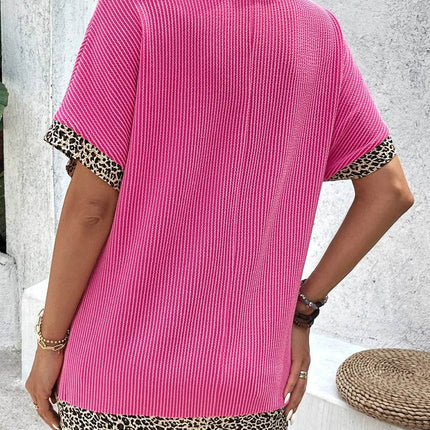 V-Neck Leopard Trim Ribbed Blouse - MimiStylez