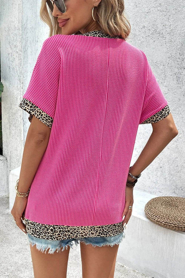 V-Neck Leopard Trim Ribbed Blouse - MimiStylez