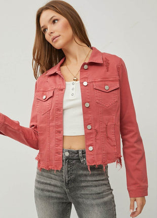 RISEN Raw Hem Button Up Cropped Denim Jacket - MimiStylez