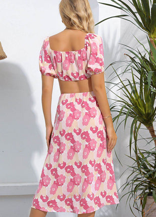 Floral Cutout Square Neck Puff Sleeve Dress - MimiStylez